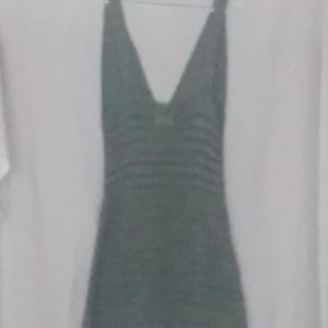 Sleeveless grey metallic dress with deep v neck